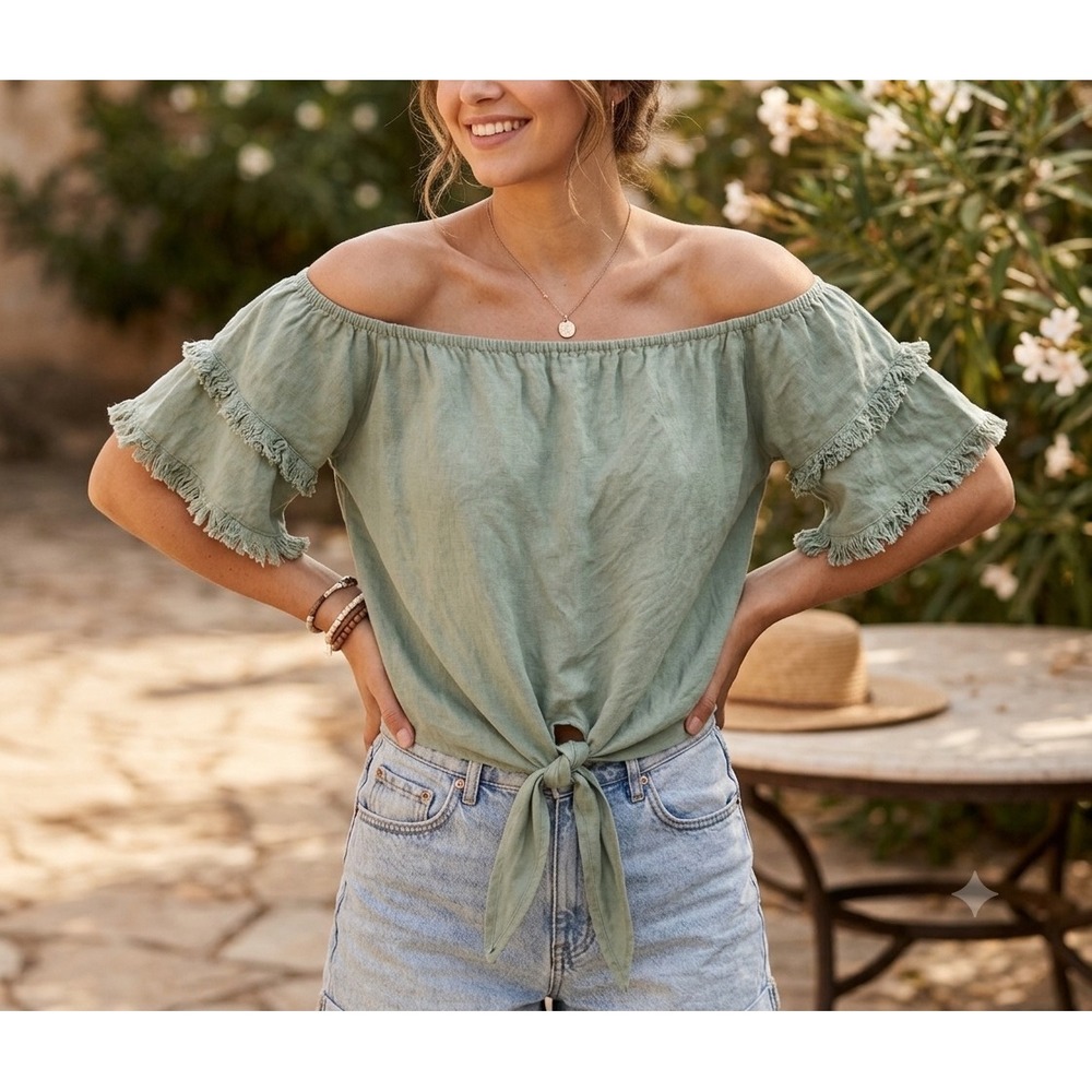 Umgee Sage Green Linen Blend Off The Shoulder Ruffle Fringe Tie Front Top Large